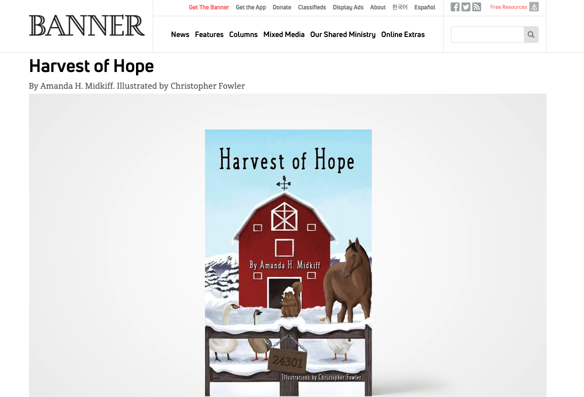 Image shows a screenshot of The Banner, a publication of the Christian Reformed Church, to highlight their review of Amanda H. Midkiff's second middle-grade Christian fiction book, Harvest of Hope.